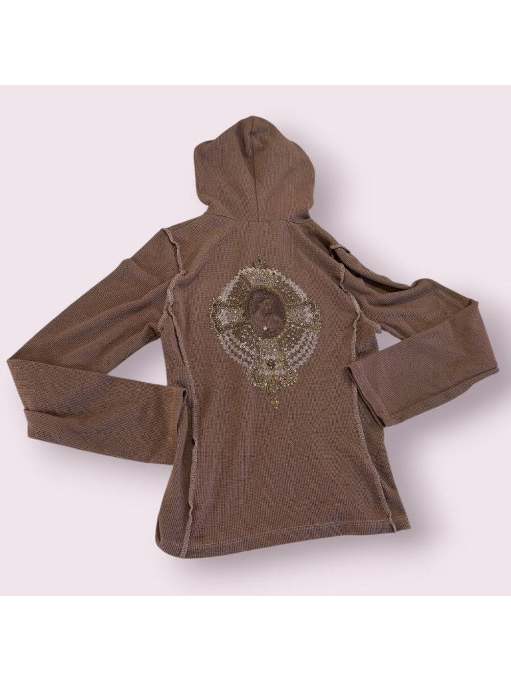 Wet Seal Y2K Brown Thermal Waffle Knit Hooded Zip Up size Med